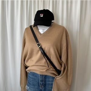 1990s Vintage Grant Thomas V neck sweater 100% Extra Fine Merino Wool Tan.
